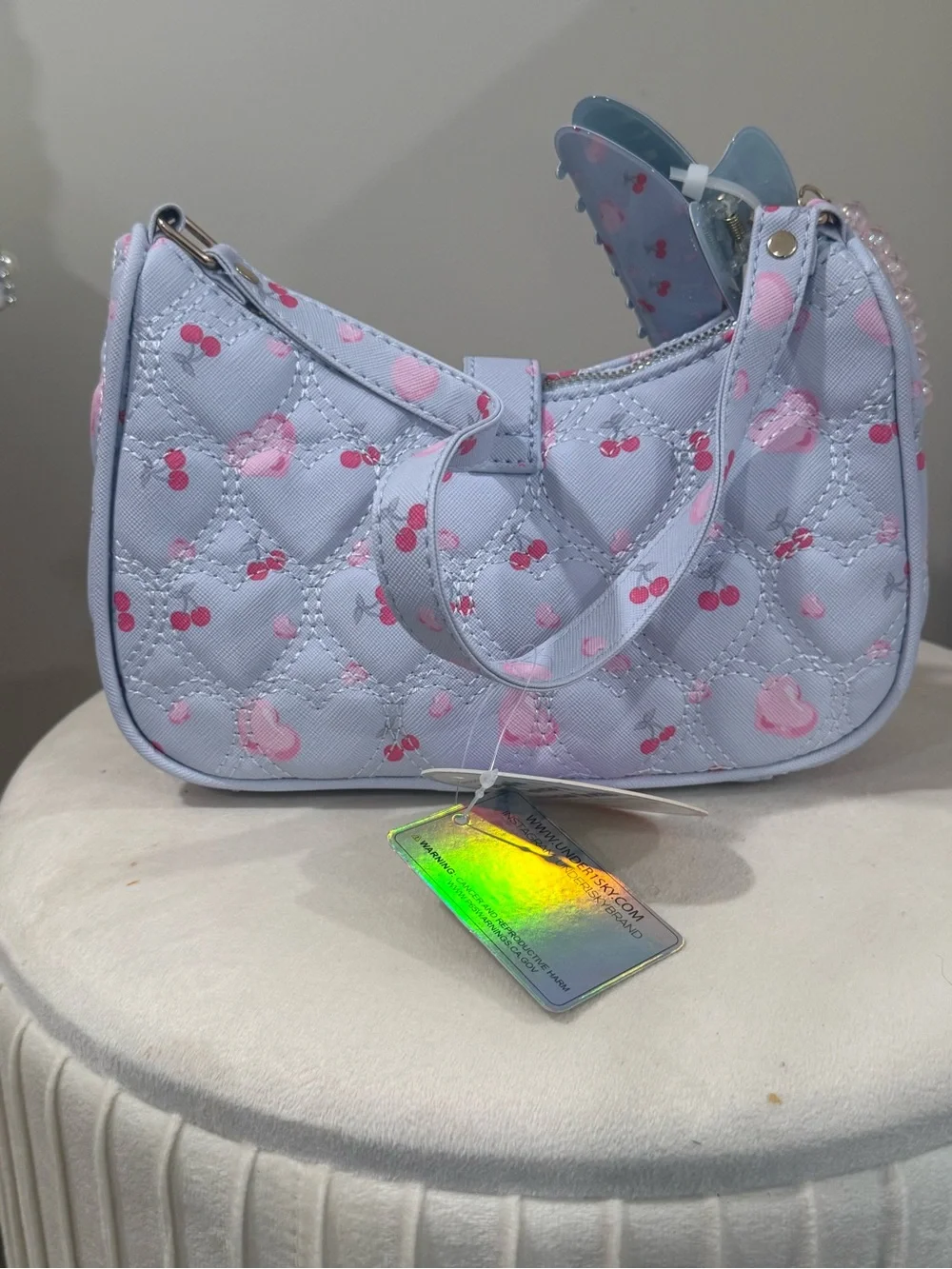 Kids Light Blue Quilted Heart Crossbody Bag with Pink Accents